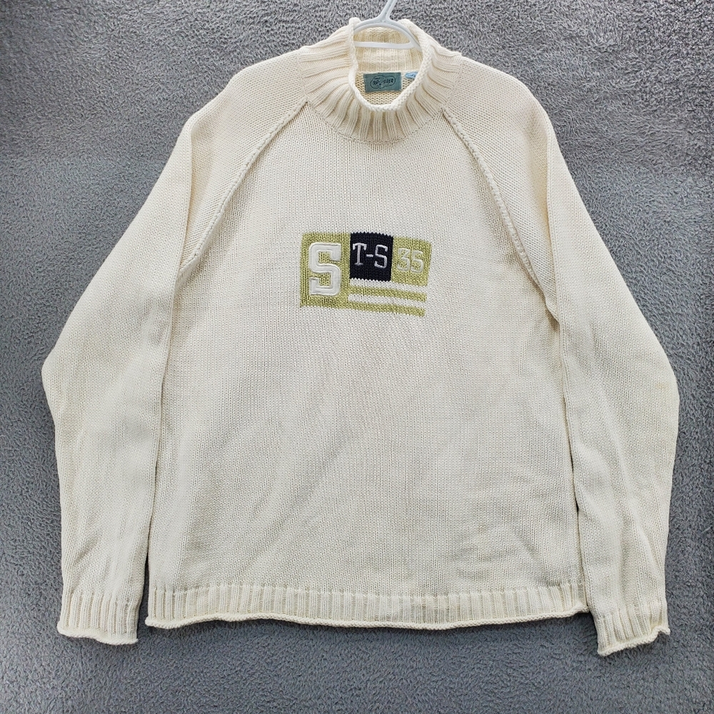 Sperry Top Sider Mens Sweater XXL Cream Chunky Knit Pullover Flag